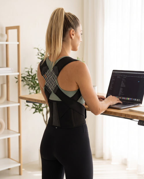SUPPORTA full back posture brace while working at a standing desk